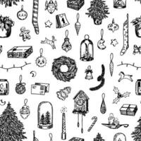 Christmas holiday attributes ornament in sketch style. Xmas decorations doodles. Vector seamless pattern for design, background, wallpaper.