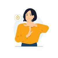 Stop, break, warning, wait. Tired upset young woman making time out gesture asking to end unpleasant conversation concept illustration vector