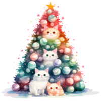 Cat and Christmas Tree Watercolor AI Generative png