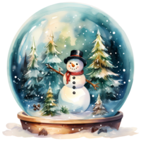 Watercolor illustration of a snow globe with a house and a snowman, AI Generative png