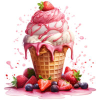 Eis Sahne mit Beeren im ein Waffel Kegel ai generativ png