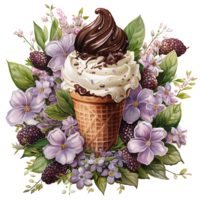 Eis Sahne im Waffel Kegel mit Blumen und Blätter ai generativ png