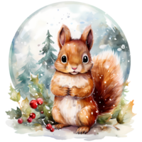 Cute squirrel in a winter forest. Watercolor cartoon illustration AI Generative png