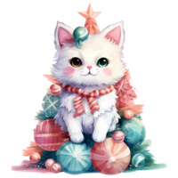 Cat and Christmas Tree Watercolor AI Generative png