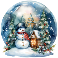 Watercolor illustration of a snow globe with a house and a snowman, AI Generative png