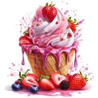 Ice cream with berries in a waffle cone AI Generative png