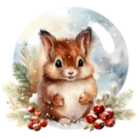 Cute squirrel in a winter forest. Watercolor cartoon illustration AI Generative png