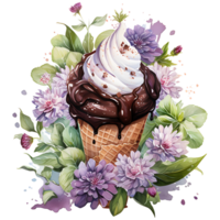 Eis Sahne im Waffel Kegel mit Blumen und Blätter ai generativ png