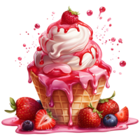 Ice cream with berries in a waffle cone AI Generative png