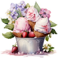 ice cream in waffle cone with flowers and leaves AI Generative png