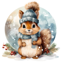 Cute squirrel in a winter forest. Watercolor cartoon illustration AI Generative png