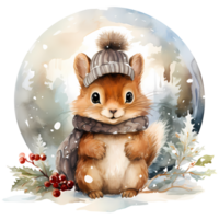 Cute squirrel in a winter forest. Watercolor cartoon illustration AI Generative png