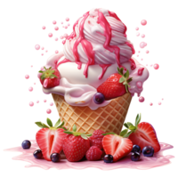 Ice cream with berries in a waffle cone AI Generative png