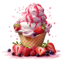 Eis Sahne mit Beeren im ein Waffel Kegel ai generativ png