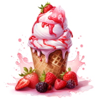 Eis Sahne mit Beeren im ein Waffel Kegel ai generativ png