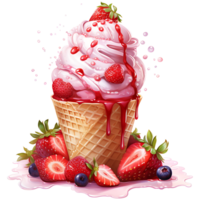 Ice cream with berries in a waffle cone AI Generative png