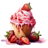 Eis Sahne mit Beeren im ein Waffel Kegel ai generativ png