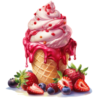 Ice cream with berries in a waffle cone AI Generative png