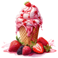 Ice cream with berries in a waffle cone AI Generative png