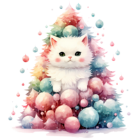 Cat and Christmas Tree Watercolor AI Generative png