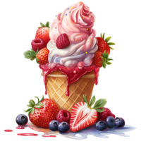 Ice cream with berries in a waffle cone AI Generative png