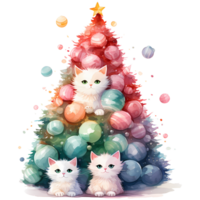 Cat and Christmas Tree Watercolor AI Generative png