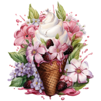 la glace crème dans gaufre cône avec fleurs et feuilles ai génératif png