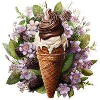 la glace crème dans gaufre cône avec fleurs et feuilles ai génératif png