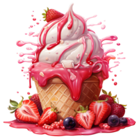 Ice cream with berries in a waffle cone AI Generative png