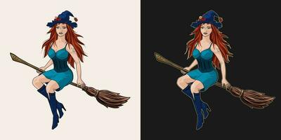 Beautiful young redhead witch, tattoo, in hat vector