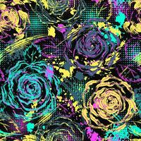 Pattern with roses, splattered paint, halftone vector