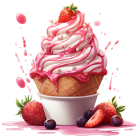 Eis Sahne mit Beeren im ein Waffel Kegel ai generativ png