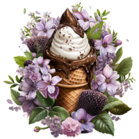 ice cream in waffle cone with flowers and leaves AI Generative png