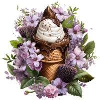 Eis Sahne im Waffel Kegel mit Blumen und Blätter ai generativ png