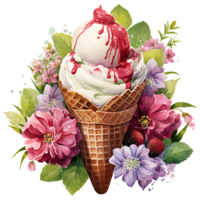 Eis Sahne im Waffel Kegel mit Blumen und Blätter ai generativ png