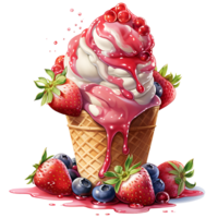 Ice cream with berries in a waffle cone AI Generative png