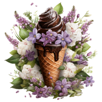 la glace crème dans gaufre cône avec fleurs et feuilles ai génératif png