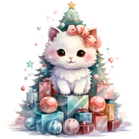 Cat and Christmas Tree Watercolor AI Generative png