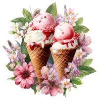 ice cream in waffle cone with flowers and leaves AI Generative png