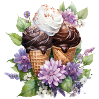 la glace crème dans gaufre cône avec fleurs et feuilles ai génératif png