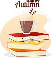 otoño bandera con taza de café en pie en el apilar de libros vector