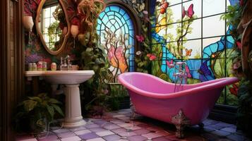 Bathroom in kitsch style. Incredible fairytale design and vibrant colors. photo