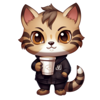 AI Generative cute cat with hot coffee in winter season png
