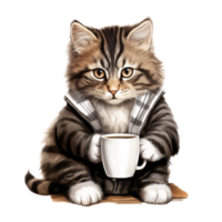 AI Generative cute cat with hot coffee in winter season png
