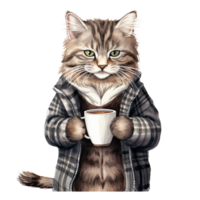 ai generatief schattig kat met heet koffie in winter seizoen png