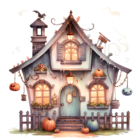 AI Generative fairy tale castle Watercolor haunted house Halloween on transparent background png