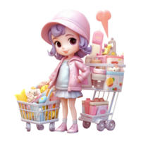 AI Generative 3D girl with shopping cart in pastel color for sale on transparent background png