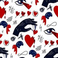 Seamless pattern with the image of the elements of the heartthrob. Hand manipulating, eyes shooting hearts, crossed out hearts. Conceptual illustration. Ideal for decoration textiles packaging vector