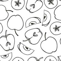 Seamless vector pattern on a white background. Hand drawn apple, apple slice, leaves. Doodle fruits. For paper, textile, gift wrapping, interior decoration, menu. Cartoon design