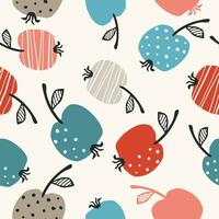 Seamless vector pattern with bright apples on a beige background.